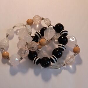 Beaded Glass & Wood Stretch Bracelet Lot in Black, White, Clear & Beige